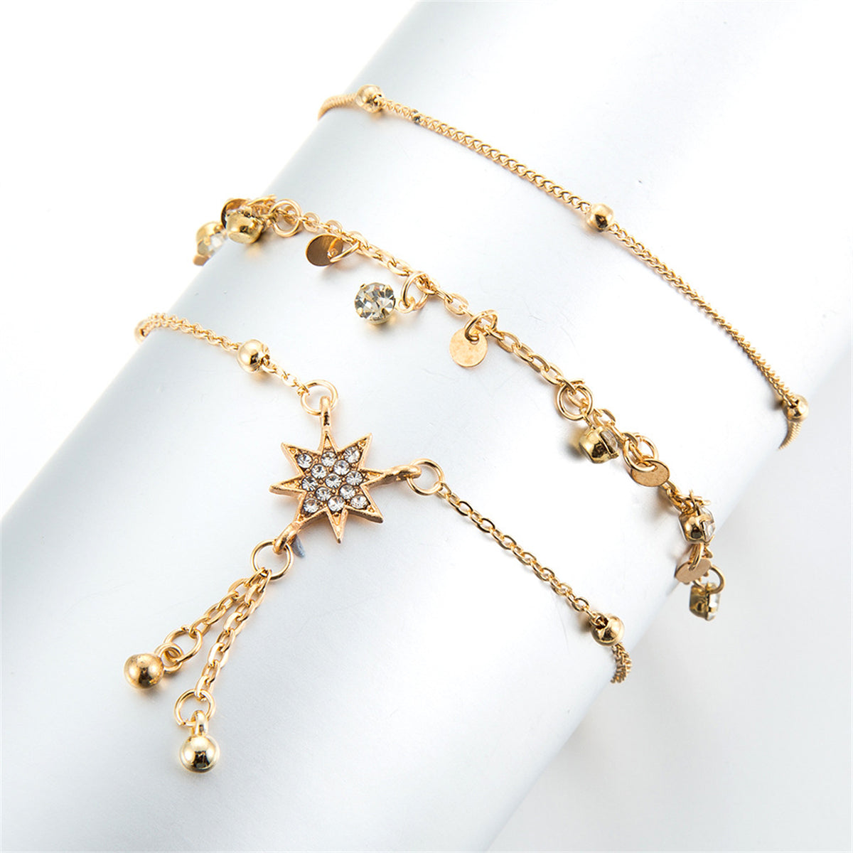 Cubic Zirconia & 18K Gold-Plated Sun Tassel-Accent Anklet Set