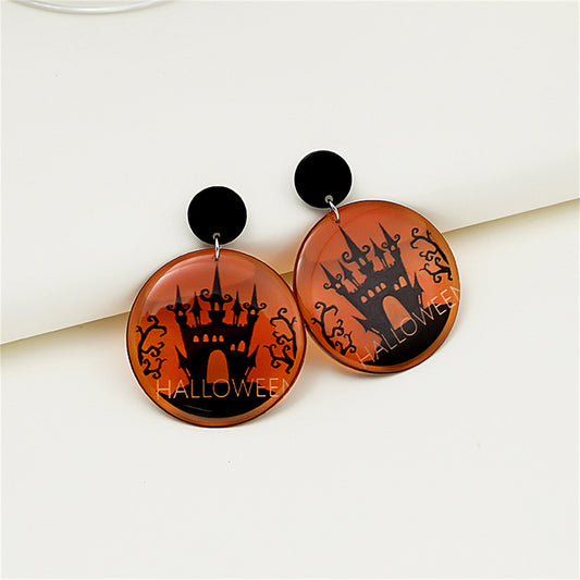 Black and Orange 'Halloween' Castle Scene Drop Earrings, drop earrings for women, botanical inspired, front view
