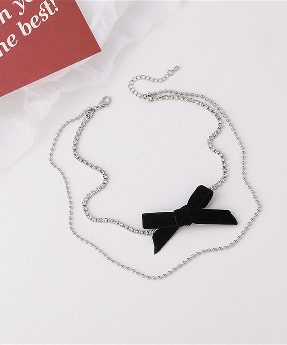 Cubic Zirconia and Silver-Plated Bow Layered Necklace, silver pendant necklace for women, lifestyle look