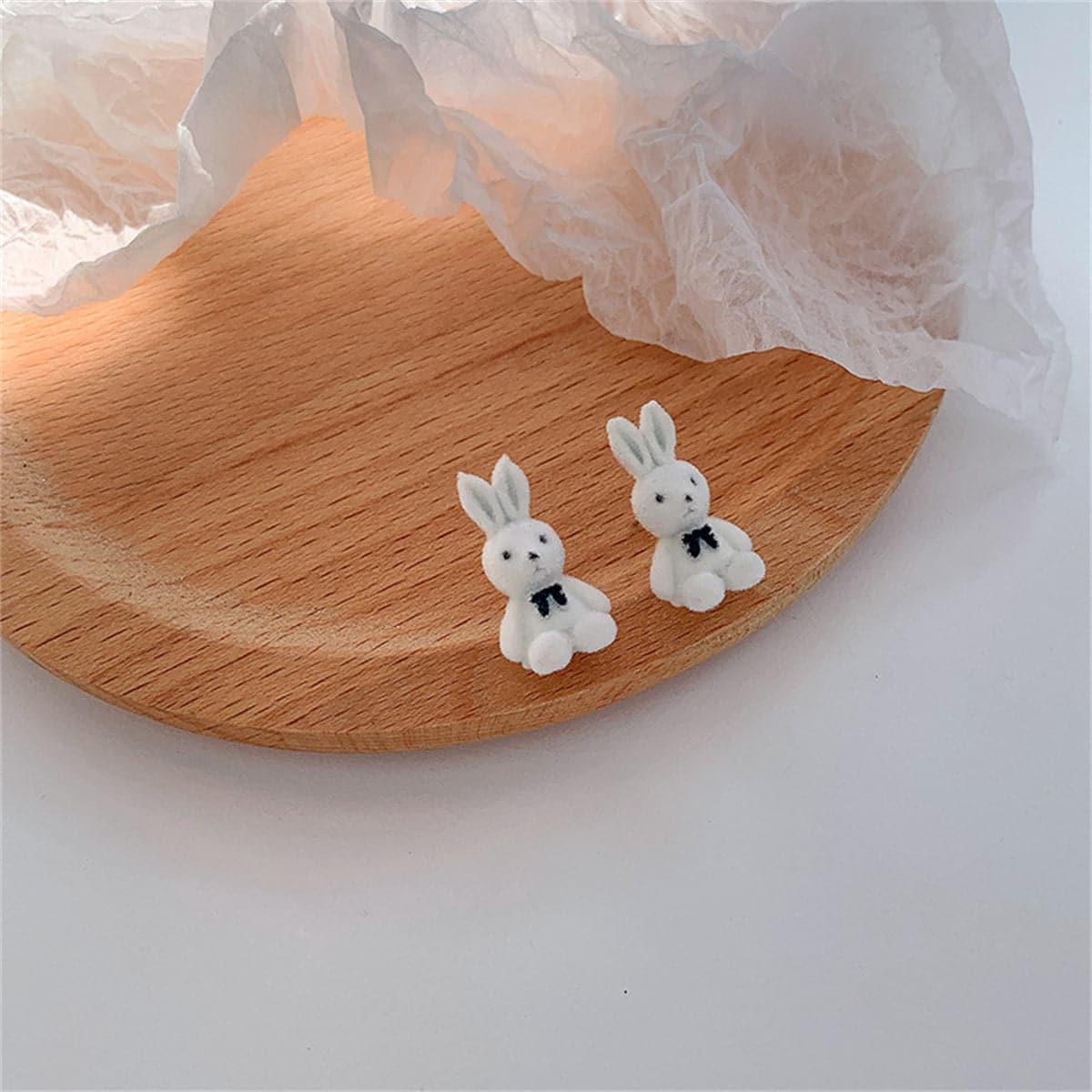 White Gabardine and Silver-Plated Rabbit Stud Earrings, silver stud earrings for women, everyday style, detail close-up
