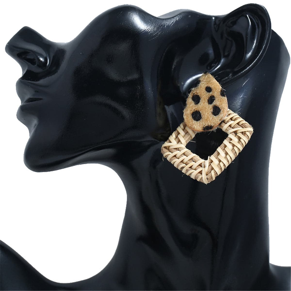 Rattan & Brown Leopard Gabardine Rhombus Drop Earrings