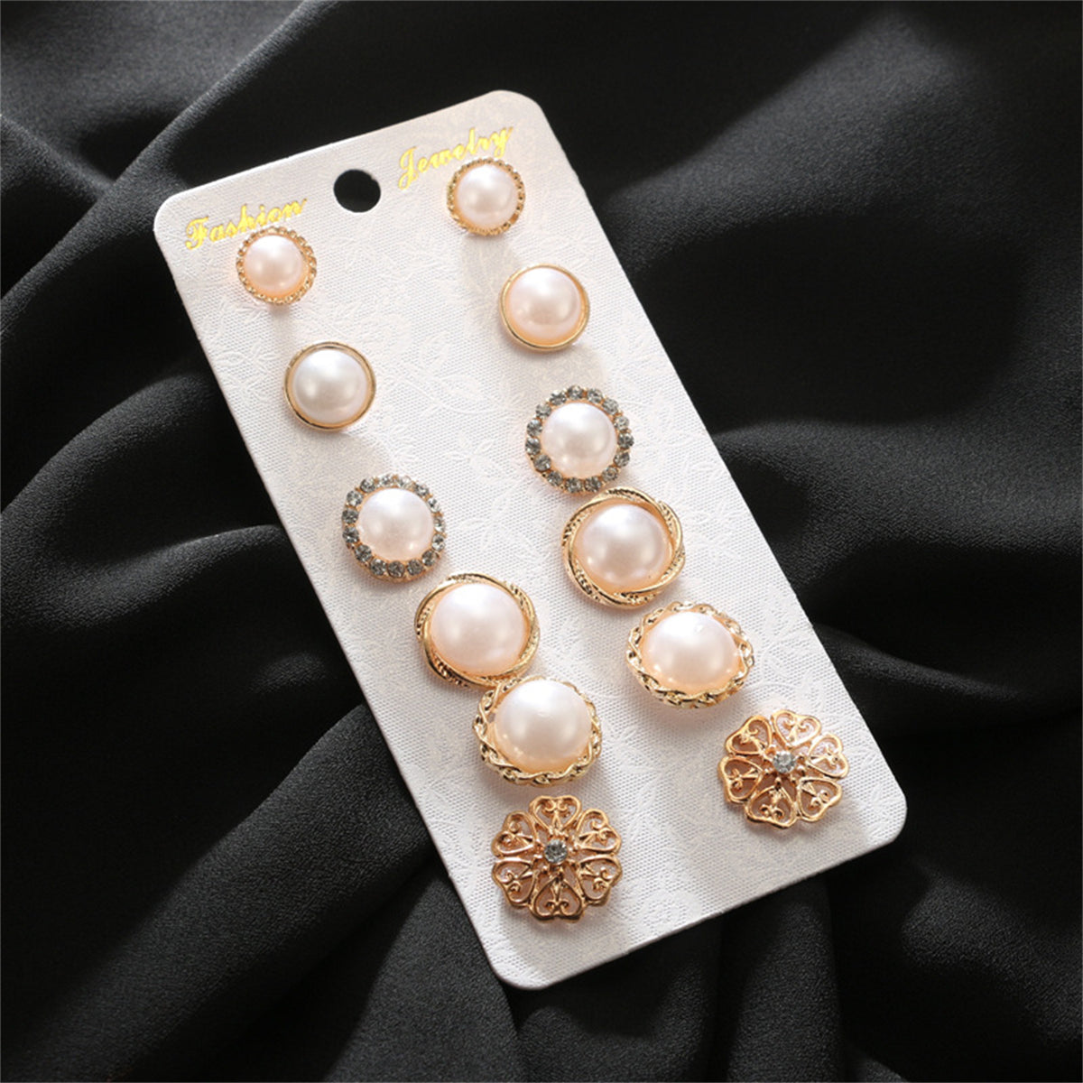 Pearl and Cubic Zirconia Floral Round Stud Earrings Set, stud earrings for women, everyday style, side view