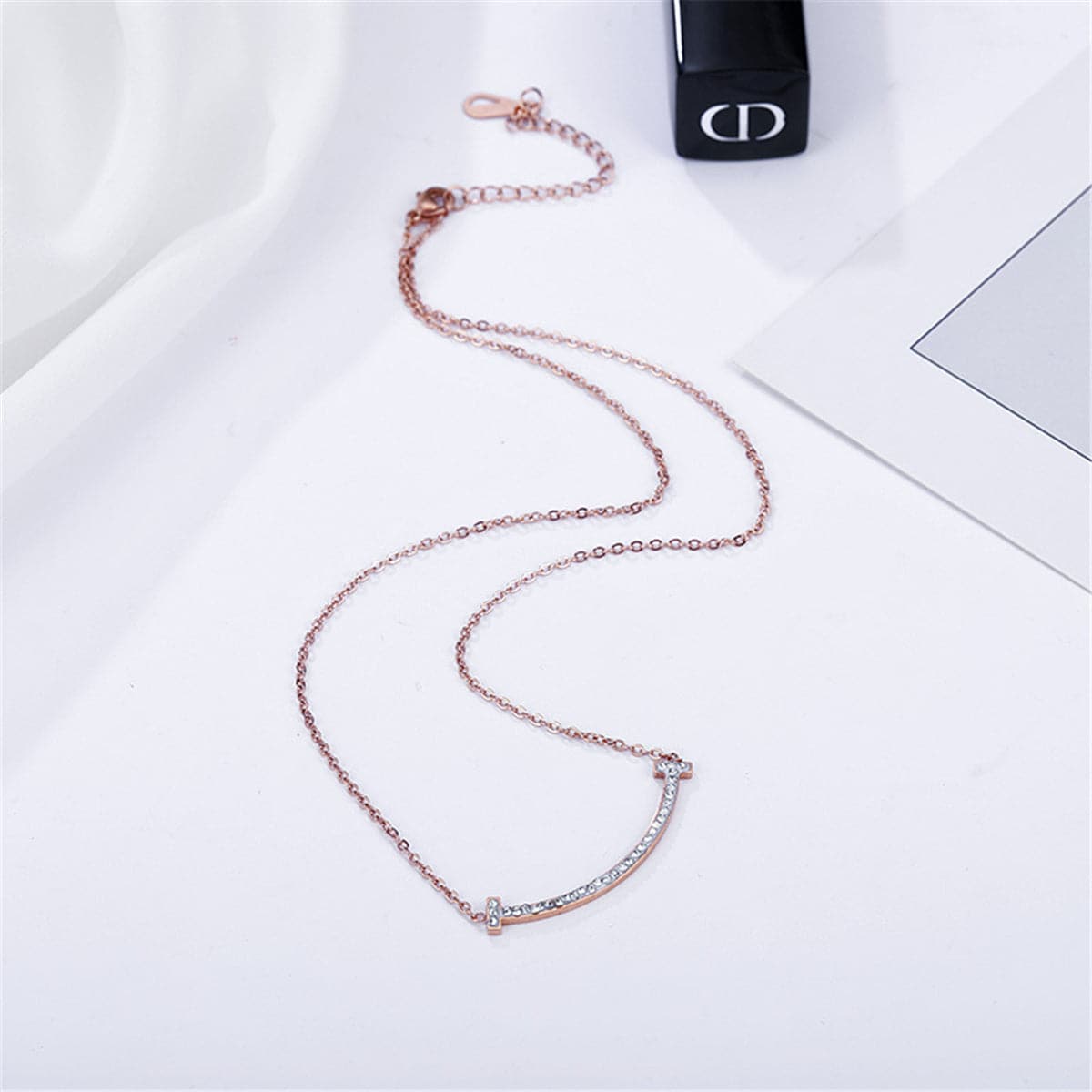 Cubic Zirconia & 18K Rose Gold-Plated Bar Necklace
