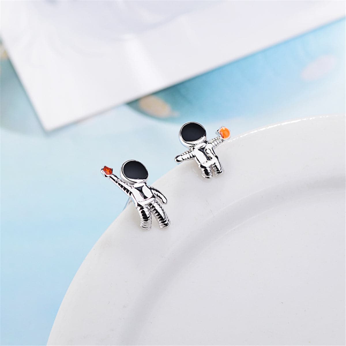 Cubic Zirconia & Silver-Plated Astronaut Stud Earrings