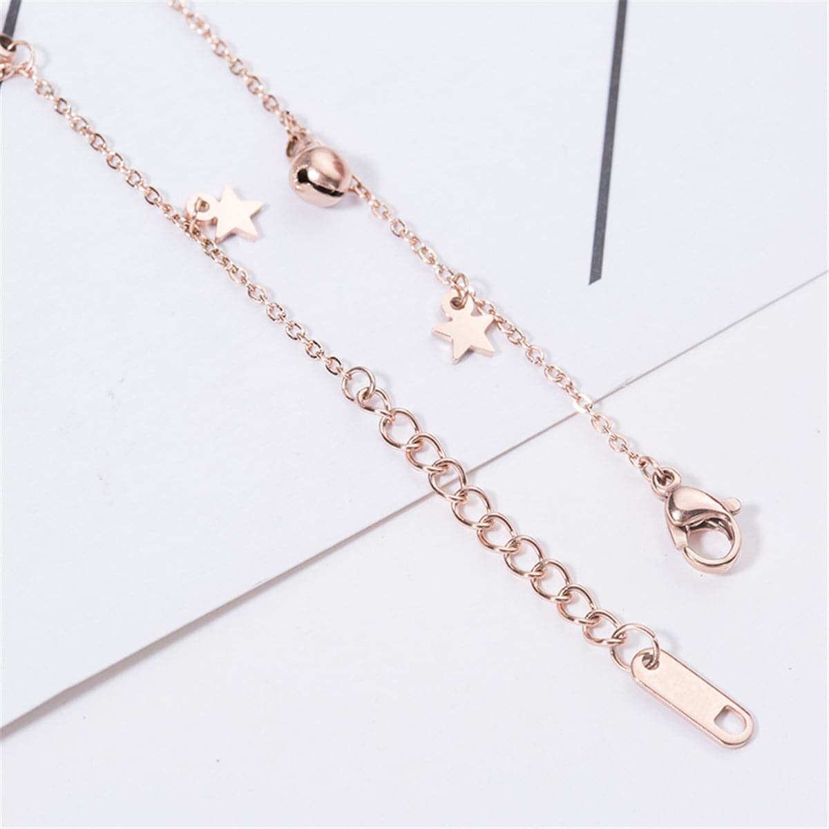 18K Rose Gold-Plated Star and Bell Station Anklet, rose gold anklet bracelet, elegant gift for her, lifestyle look
