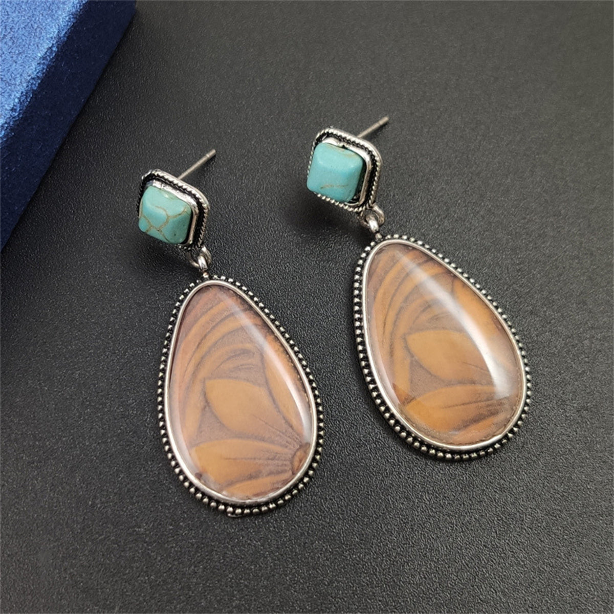 Turquoise & Resin Silver-Plated Floral Teardrop Earrings