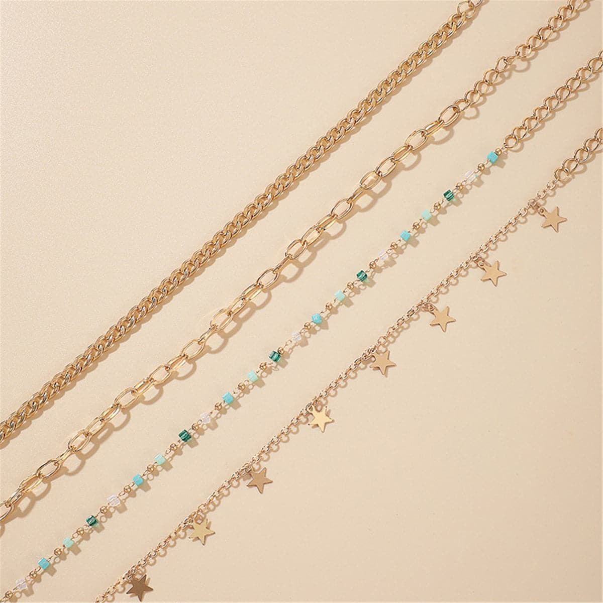 Blue & 18K Gold-Plated Star Station Figaro Anklet Set