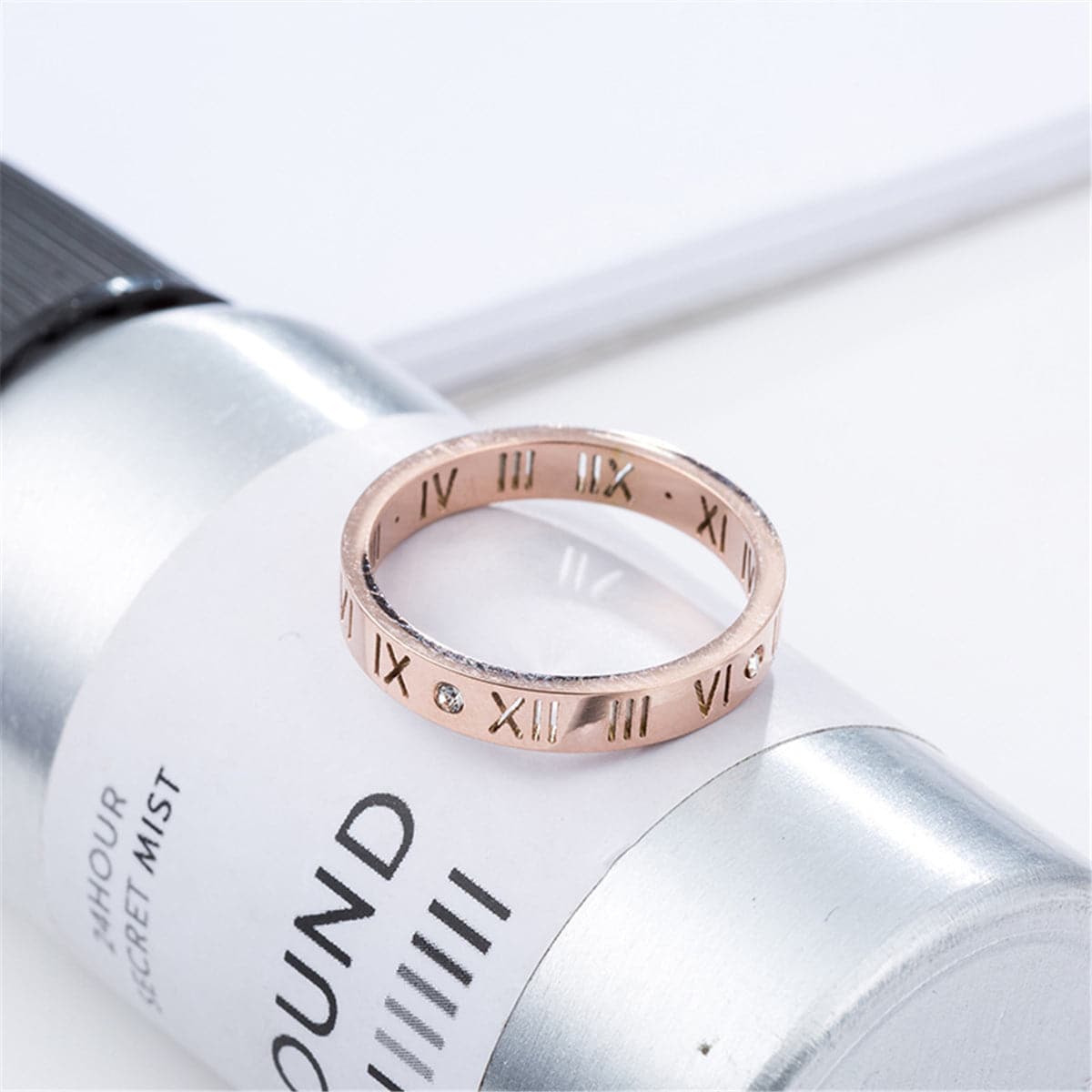 Cubic Zirconia and 18K Rose Gold-Plated Roman Numeral Band Ring, rose gold statement rings for women, styled look