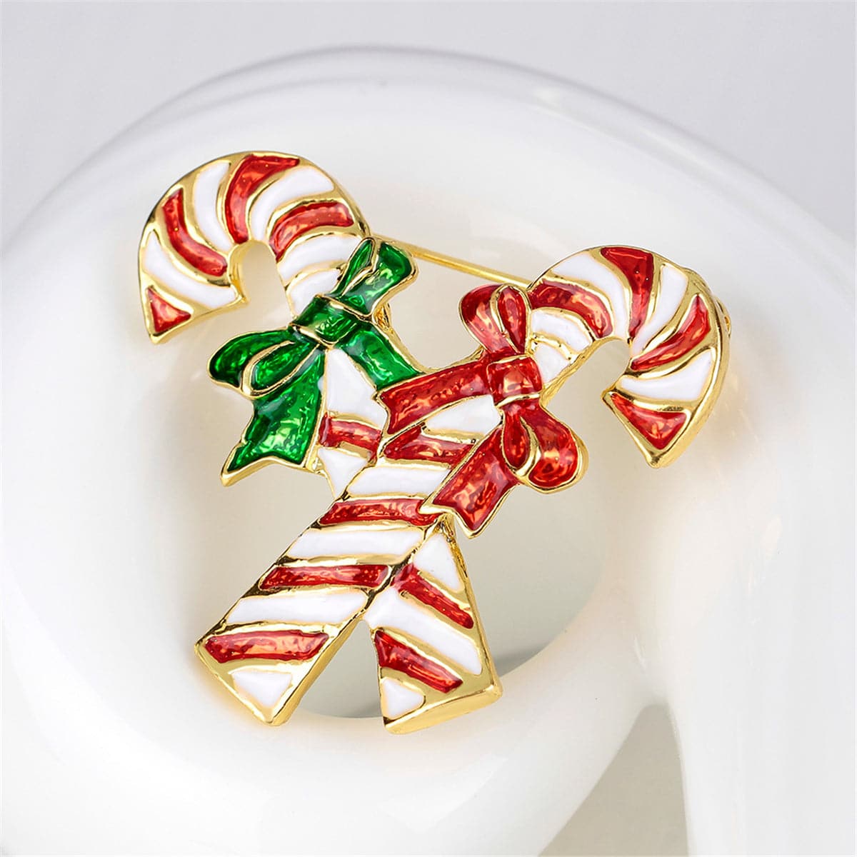 Red & 18K Gold-Plated Double Crutch Candy Cane Brooch