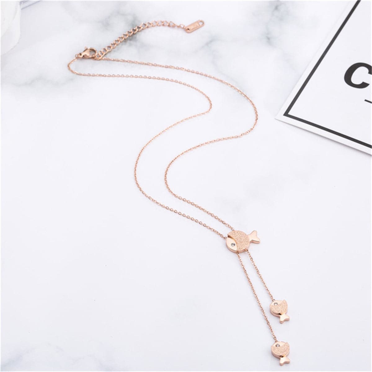 Cubic Zirconia and 18K Rose Gold-Plated Fish Pendant Necklace, rose gold pendant necklace for women, side view