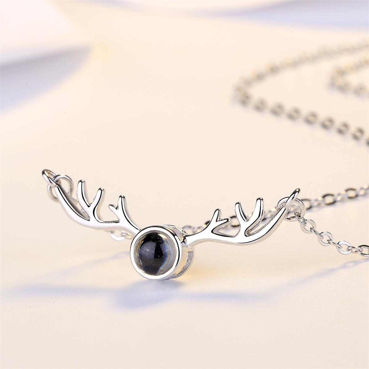 Black Crystal & Platinum Antlers Pendant Necklace