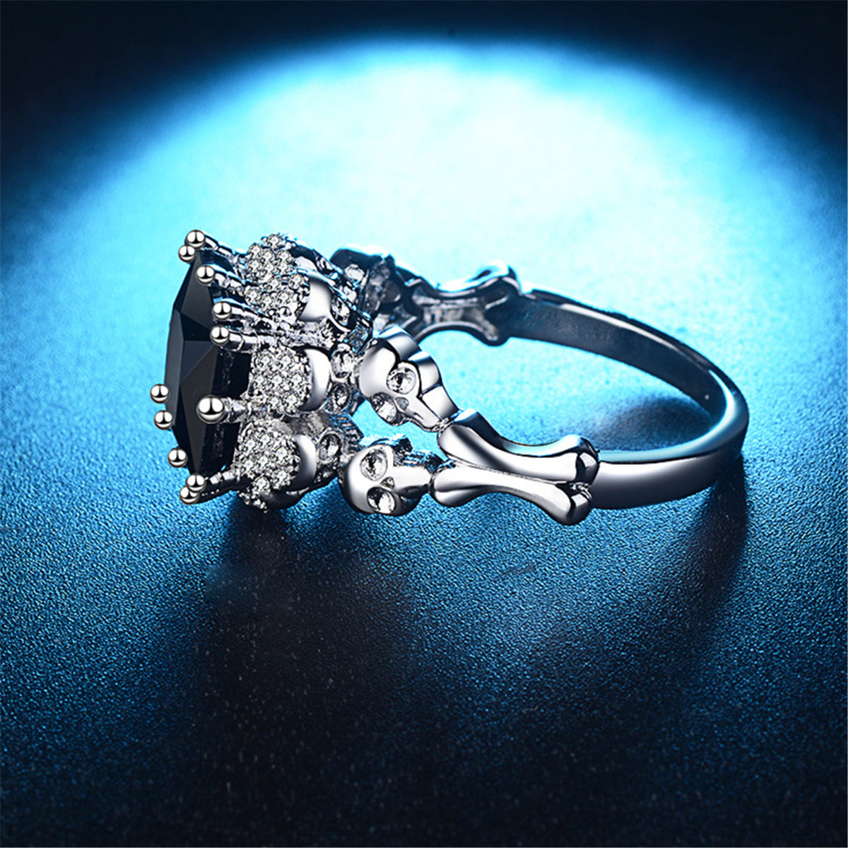 Black Crystal and Cubic Zirconia Skull Ring, statement rings for women, dainty minimalist design, side view