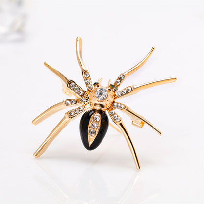 Cubic Zirconia and Black Enamel 18K Gold-Plated Spider Brooch, gold brooch pin, vintage-inspired design, front view