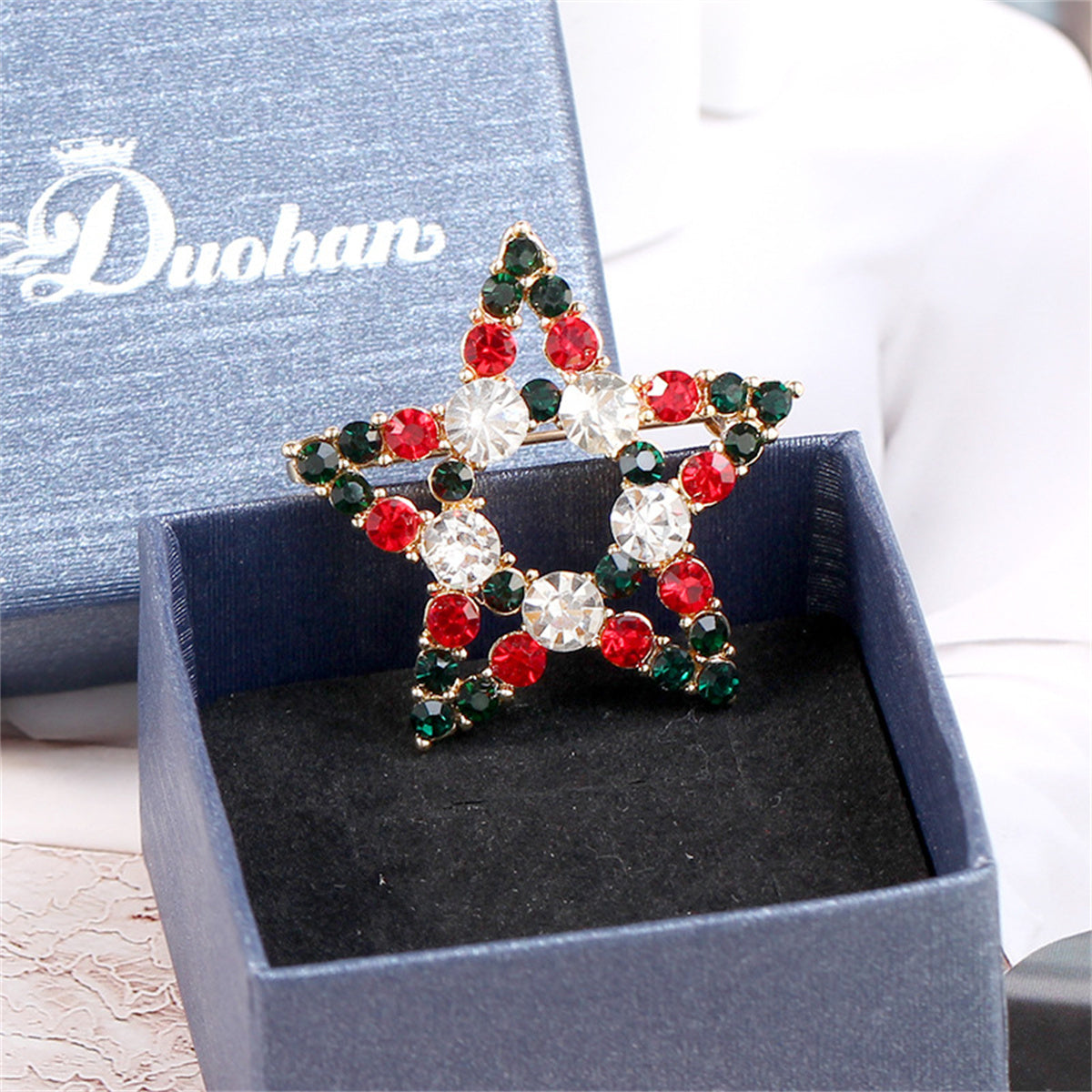 Red Cubic Zirconia and 18K Gold-Plated Openwork Star Brooch, gold brooch pin, vintage-inspired design, styled look