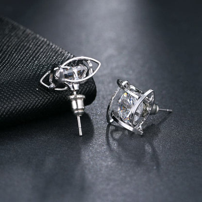 Crystal and Silver-Plated Caged Stud Earrings, silver stud earrings for women, everyday style, side view