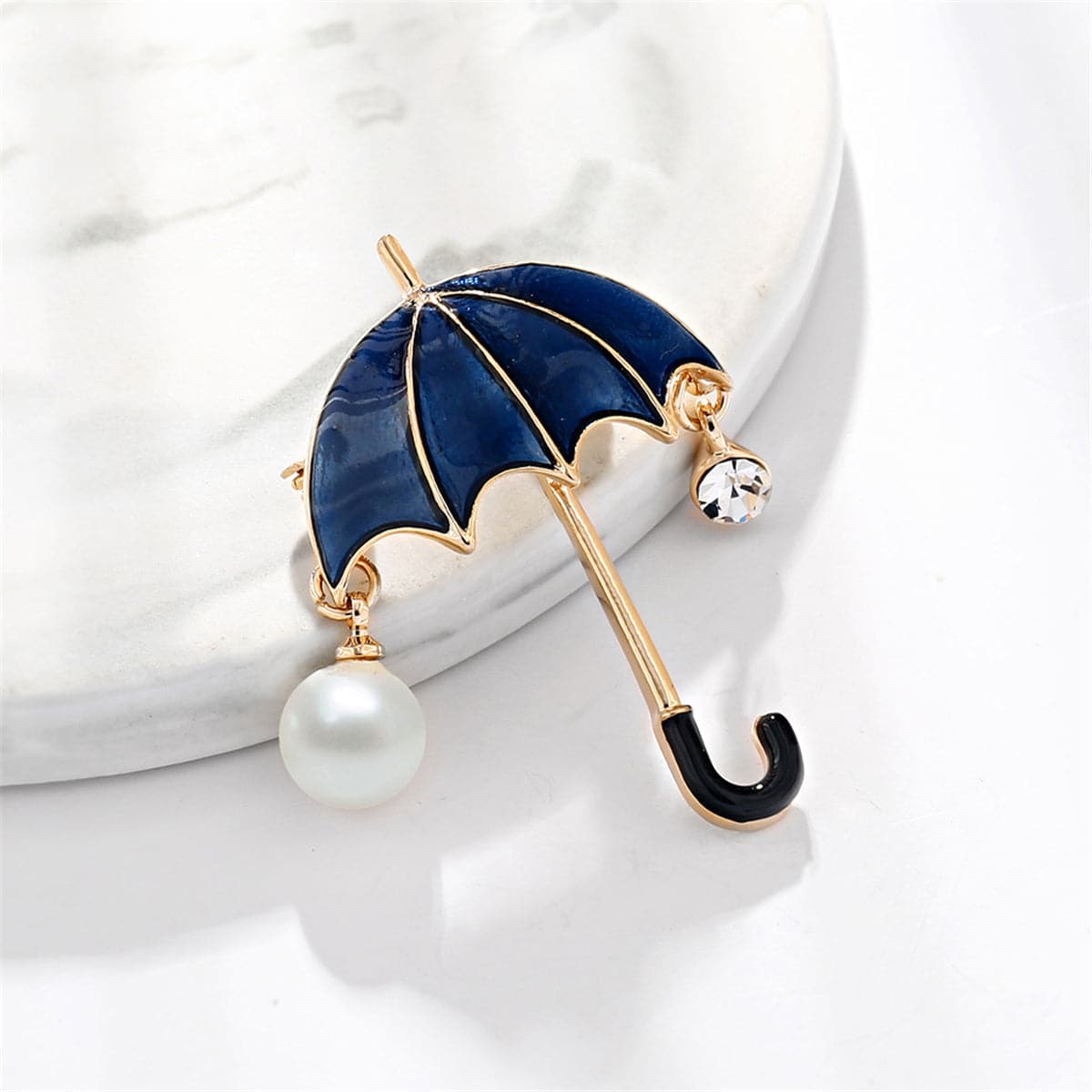 Dark Blue Enamel & Cubic Zirconia 18K Gold-Plated Umbrella Brooch