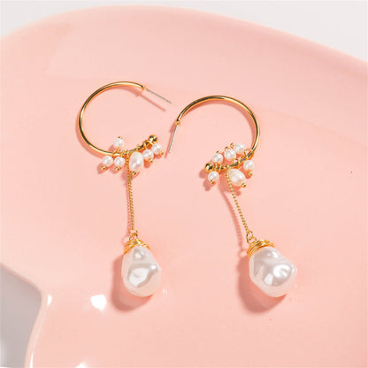 Pearl and 18K Gold-Plated Dangle Hoop Earrings, gold drop earrings for women, vintage-inspired design, lifestyle look