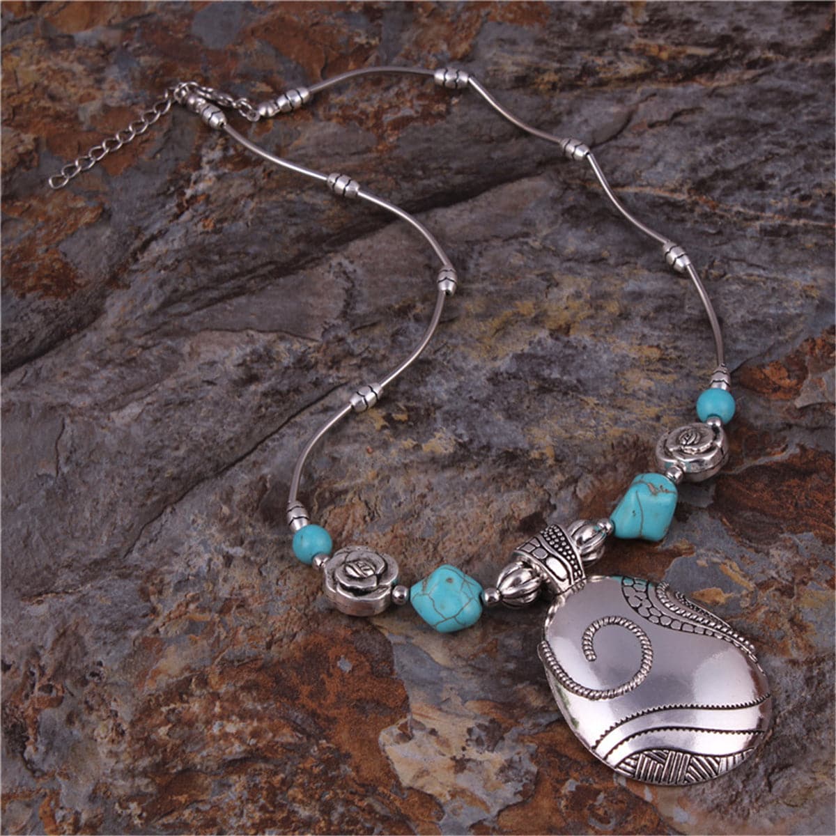 Turquoise & Silver-Plated Floral Teardrop Necklace