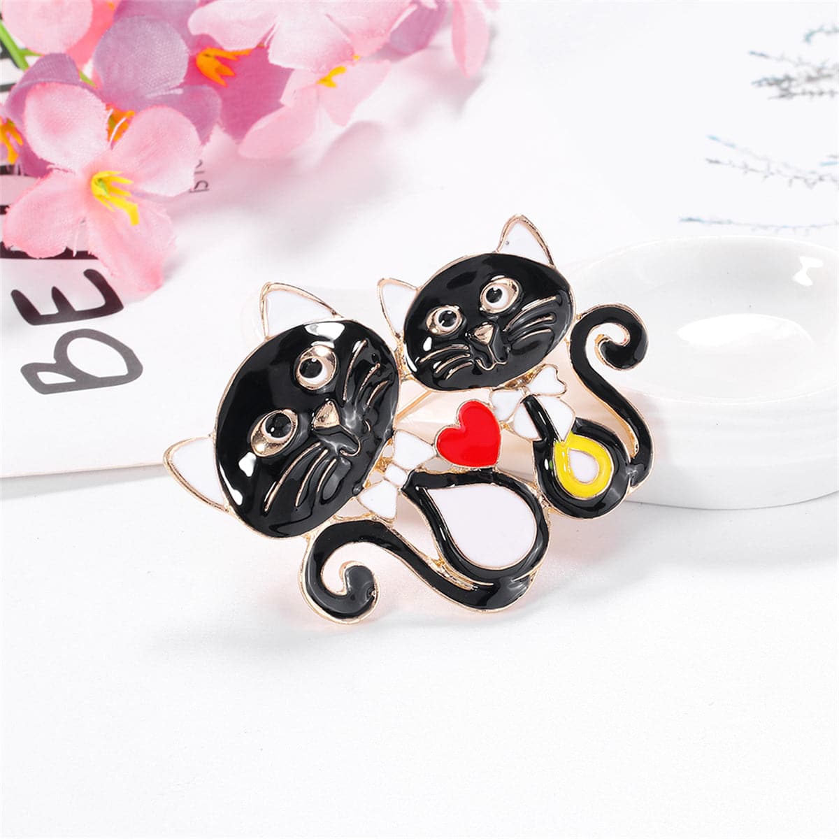 Black Enamel and 18K Gold-Plated Double-Cat Brooch, gold brooch pin, vintage-inspired design, side view