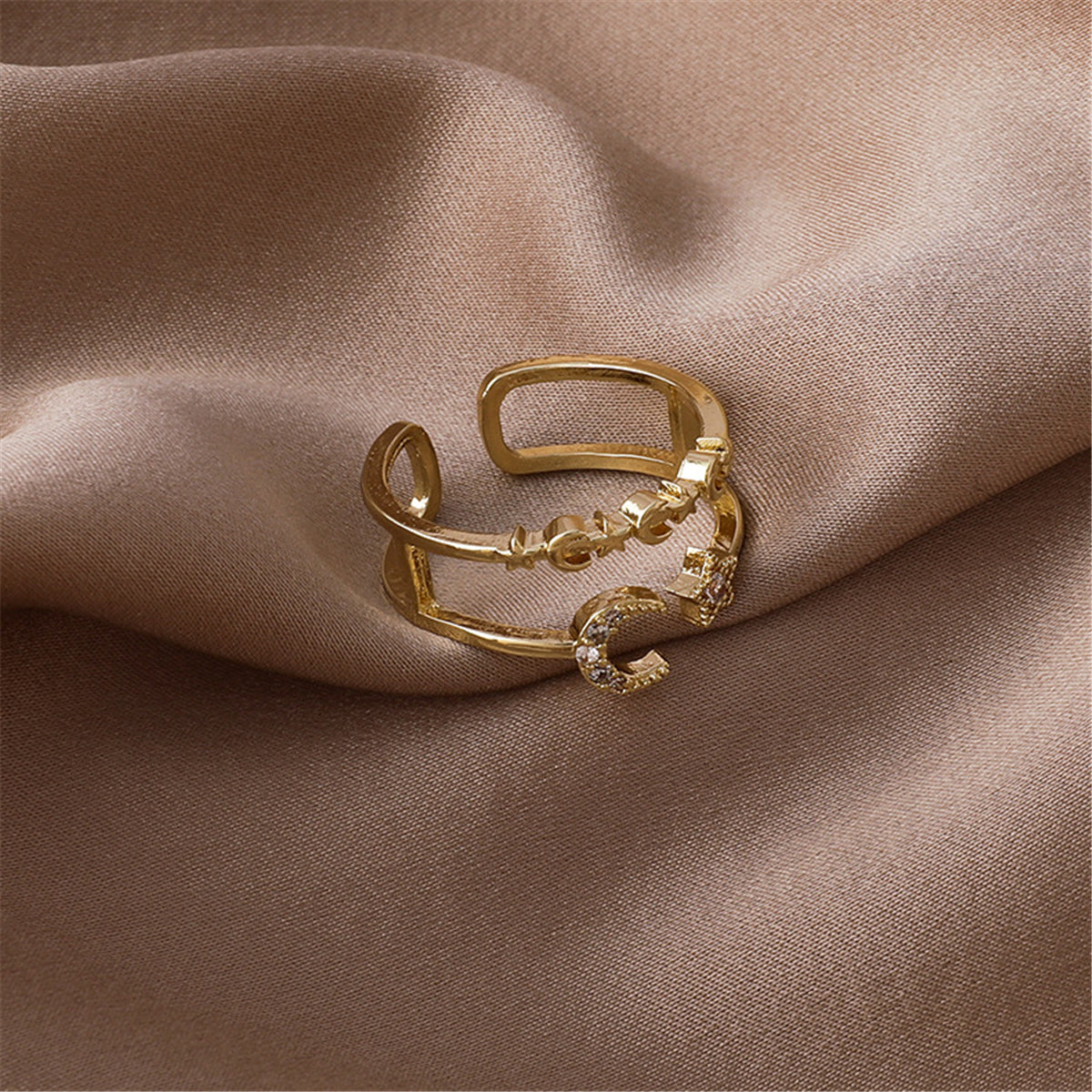 Cubic Zirconia and 18K Gold-Plated Celestial Openwork Bypass Ring, gold statement rings for women, detail close-up