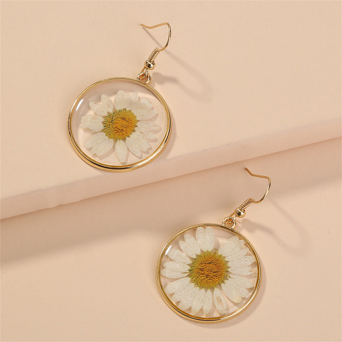 18K Gold-Plated Pressed Mum Round Drop Earring, gold drop earrings for women, dainty minimalist design, detail close-up