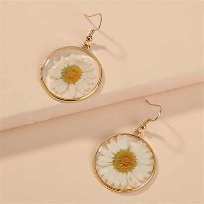 18K Gold-Plated Pressed Mum Round Drop Earring, gold drop earrings for women, dainty minimalist design, detail close-up