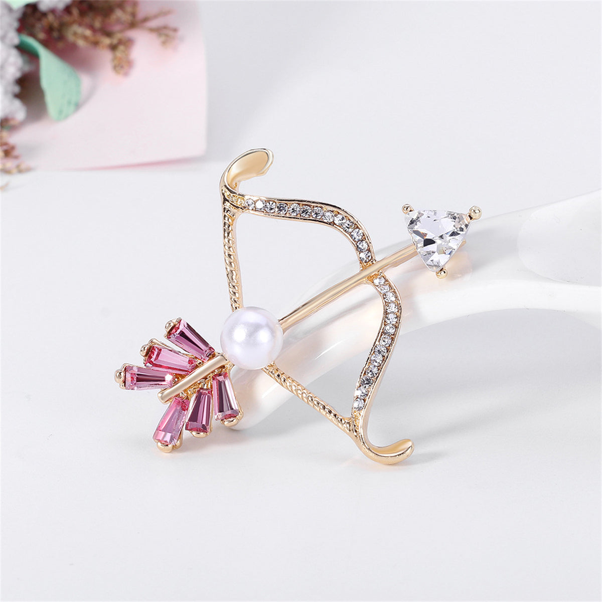 Clear Crystal & Cubic Zirconia Pearl 18k Gold-Plated Bow Arrow Brooch