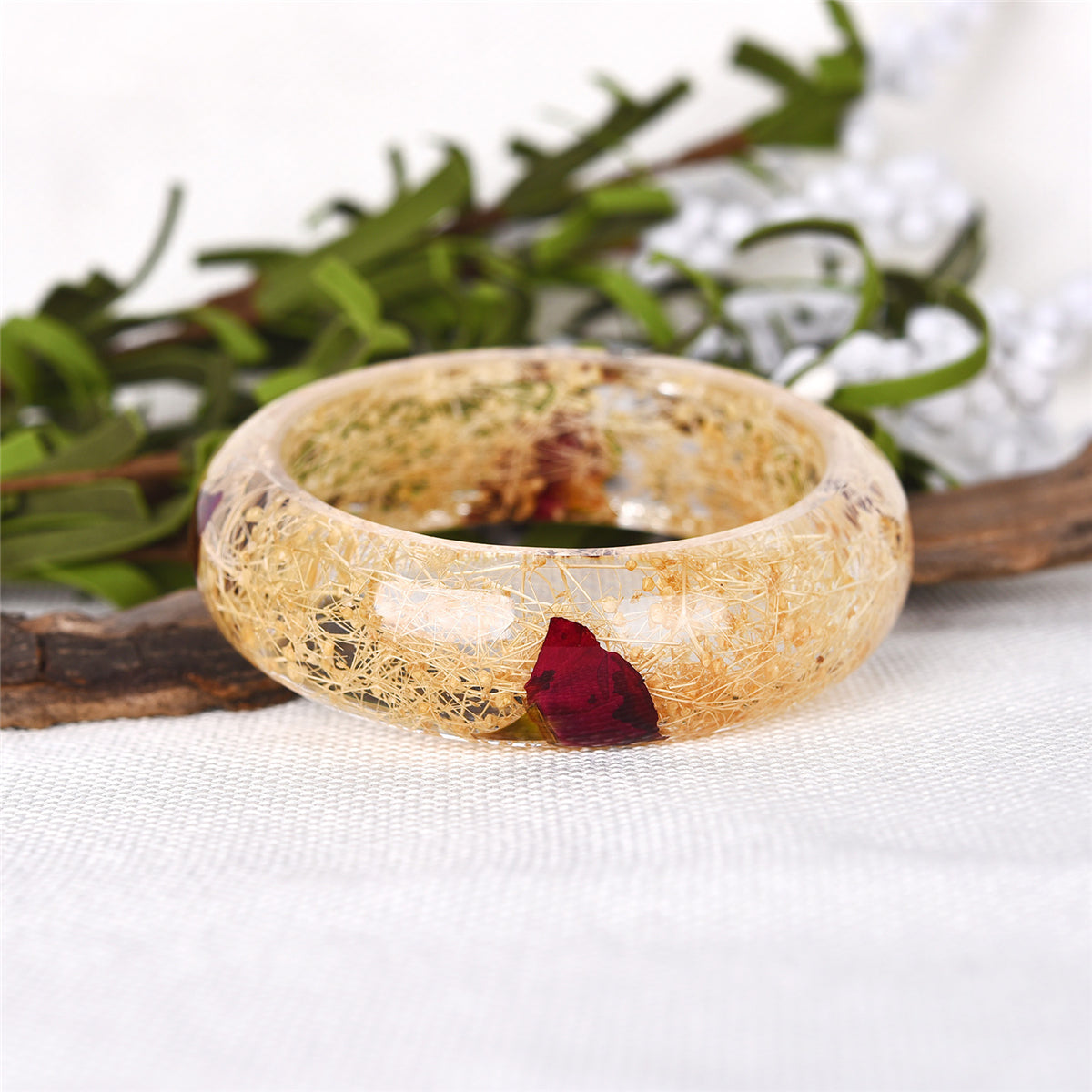 Red and Natural Dried Flower Bangle, bangle bracelet, everyday style, side view