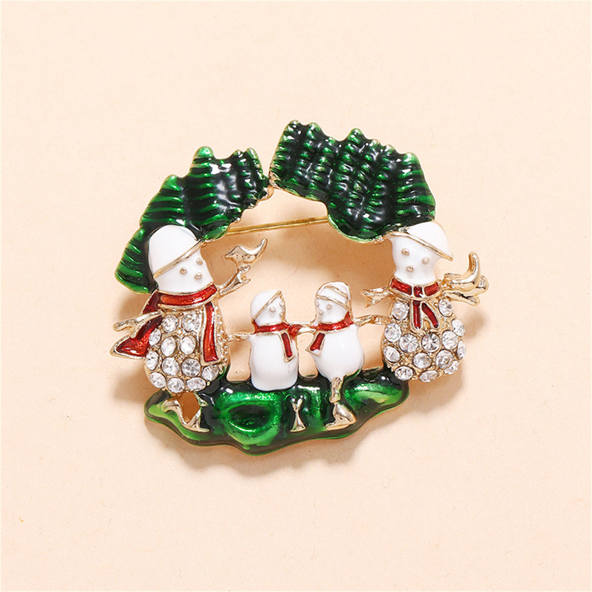 Cubic Zirconia and Green Snowman Family Brooch, brooch pin, botanical inspired, detail close-up