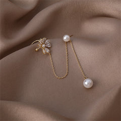 Pearl & Cubic Zirconia Floral Chain Clip-On Earring