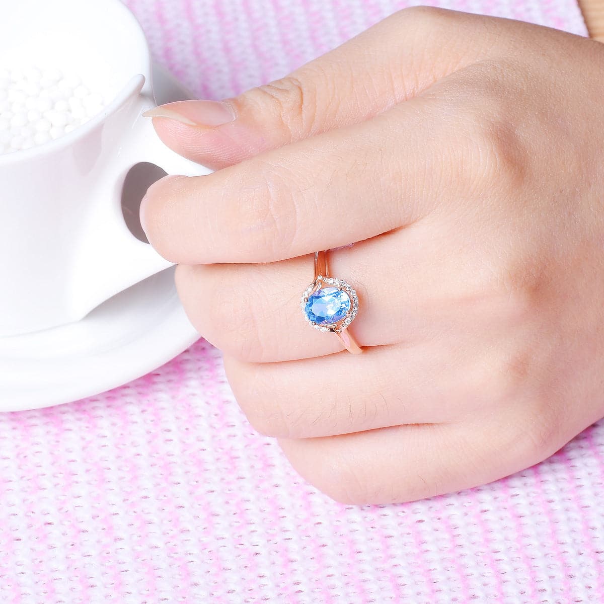 Blue Crystal & Cubic Zirconia 18K Rose Gold-Plated Halo Oval Ring