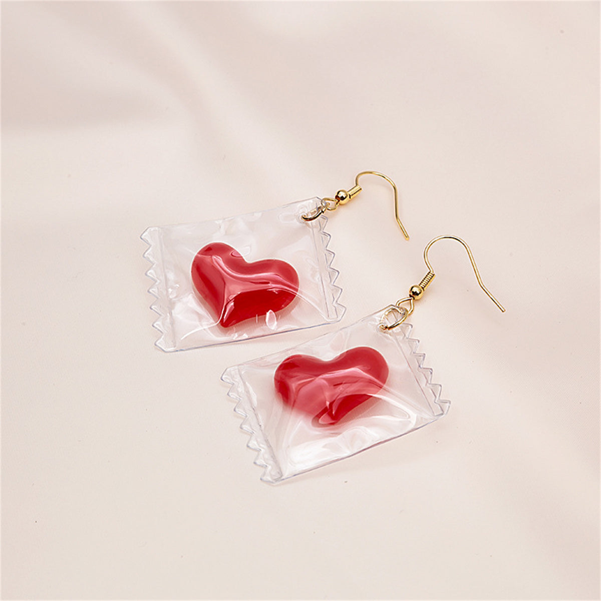 Red Resin and 18K Gold-Plated Heart Candy Drop Earrings, gold drop earrings for women, elegant gift for her, styled look