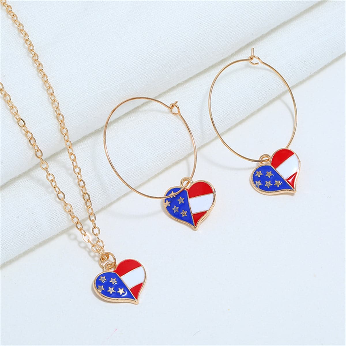 18k Gold-Plated American Flag Heart Necklace & Earring Set - streetregion
