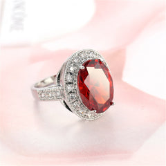Red Crystal & Silver-Plated Oval Halo Ring