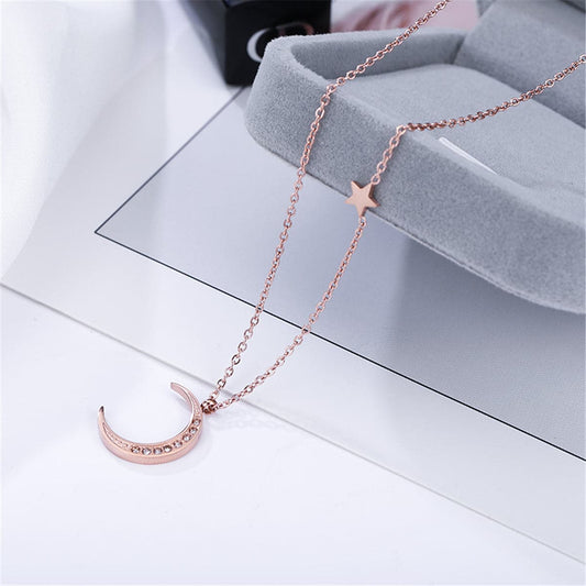 Cubic Zirconia and 18K Rose Gold-Plated Crescent Moon Pendant Necklace, rose gold pendant necklace for women, front view