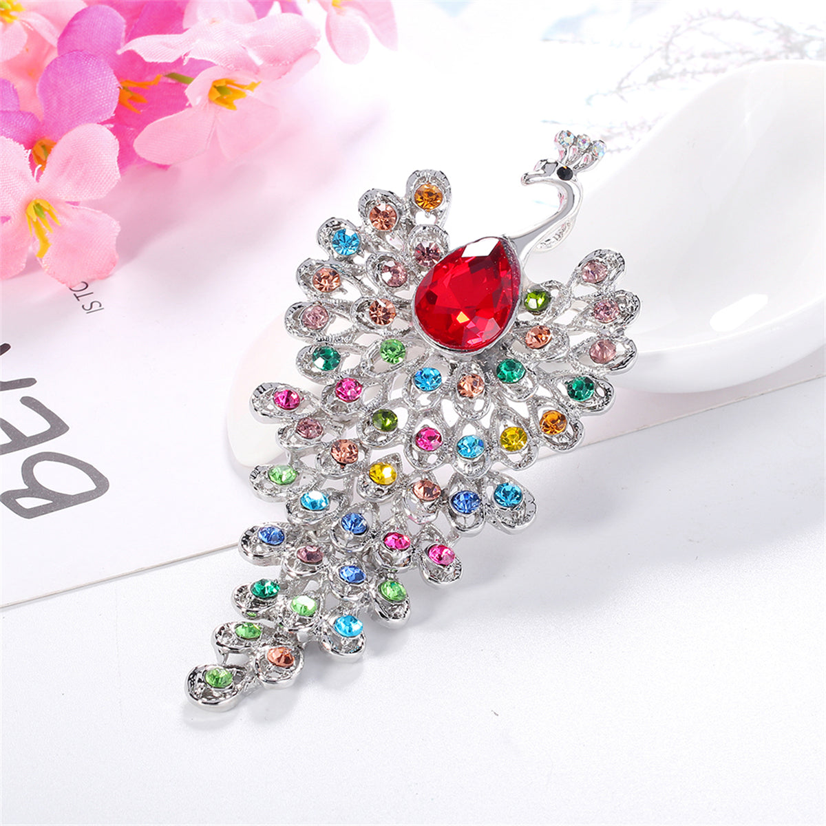 Pink and Multicolor Cubic Zirconia and Silver-Plated Peacock Brooch, silver brooch pin, elegant gift for her, front view
