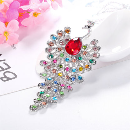 Pink and Multicolor Cubic Zirconia and Silver-Plated Peacock Brooch, silver brooch pin, elegant gift for her, front view