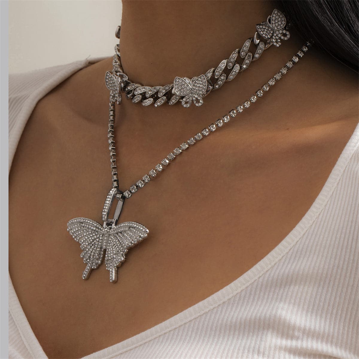 Cubic Zirconia & Silver-Plated Butterfly Pendant Necklace Set
