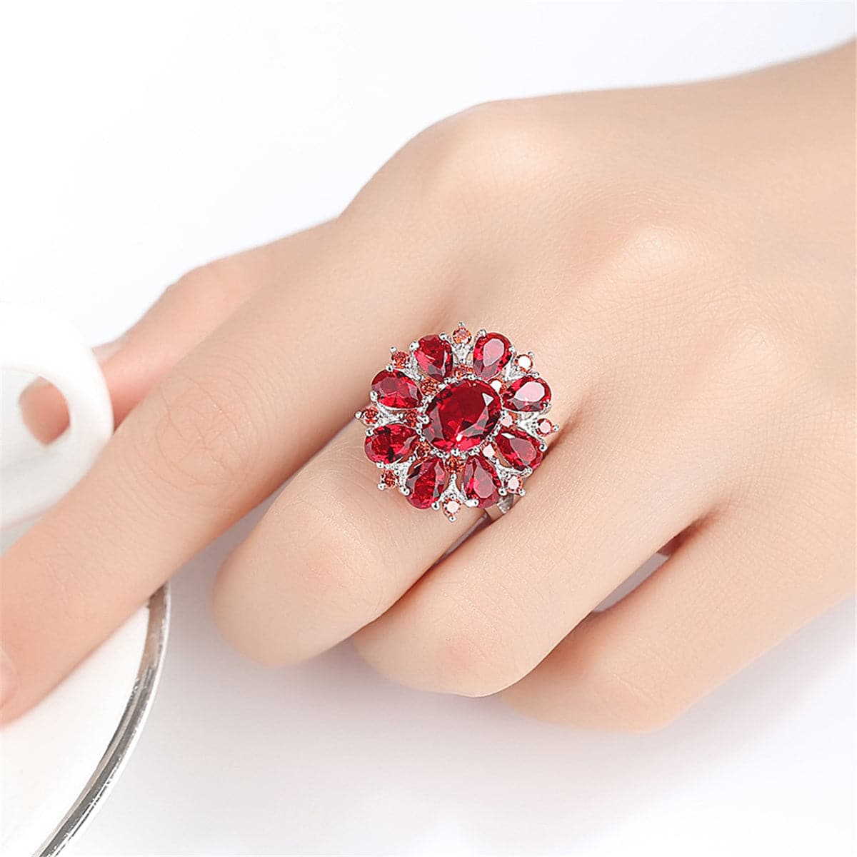 Red Crystal & Silver-Plated Flower Ring