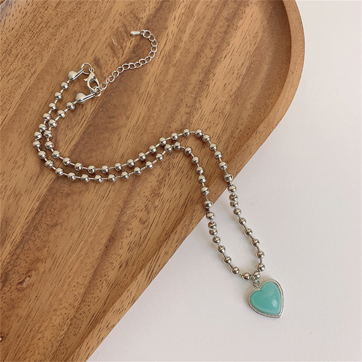 Aqua Resin & Silver-Plated Ball Chain Heart Pendant Necklace