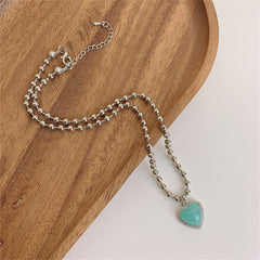 Aqua Resin & Silver-Plated Ball Chain Heart Pendant Necklace