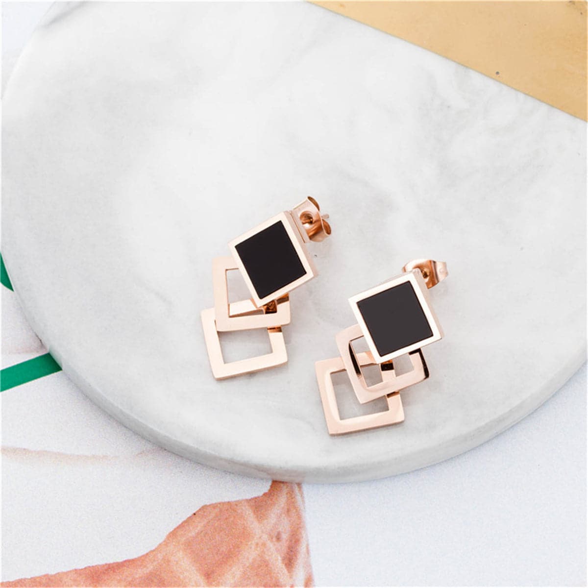 Black and 18K Rose Gold-Plated Overlapping Rhombus Stud Earrings, rose gold stud earrings for women, front view