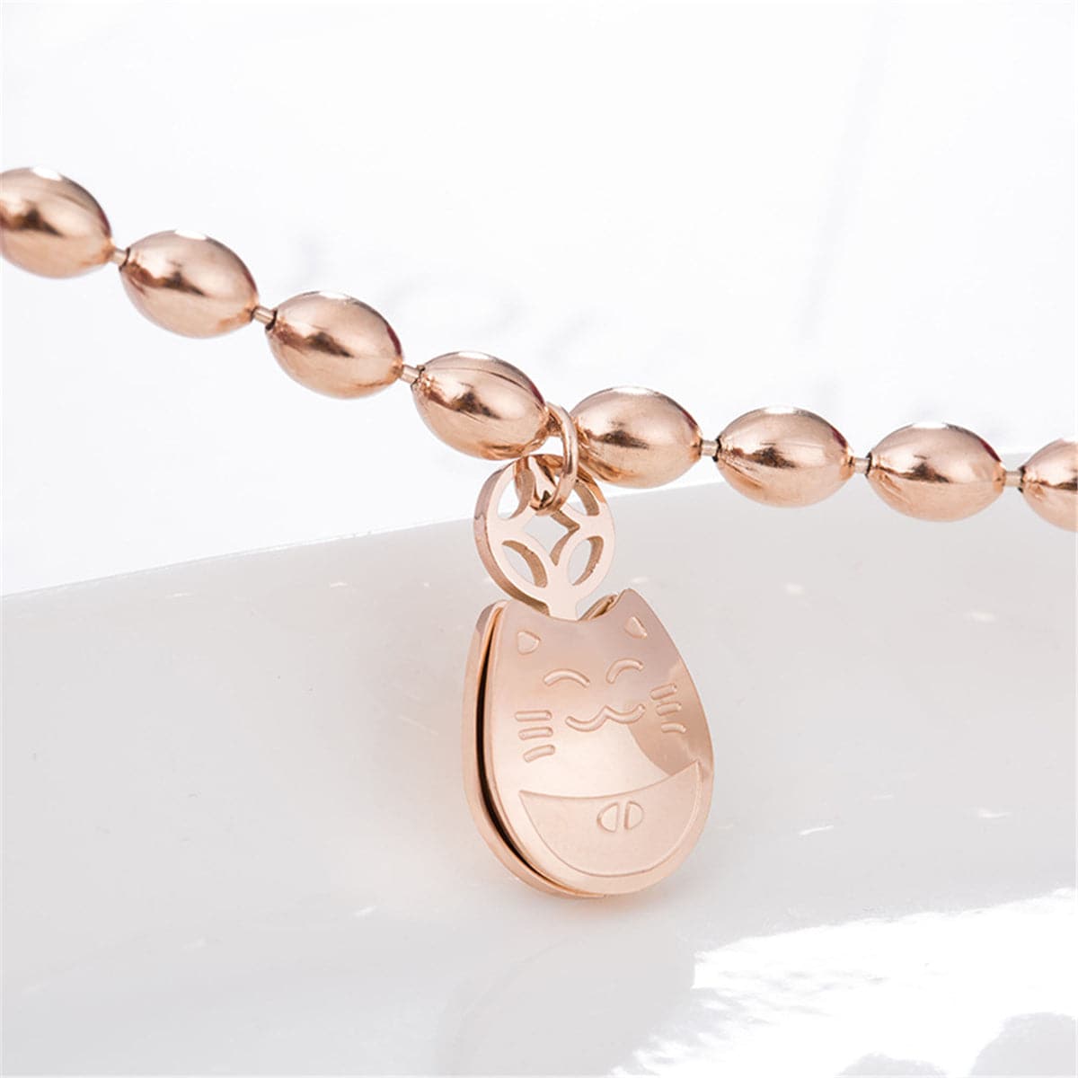 18K Rose Gold-Plated Kitty Long Bead Charm Bracelet, rose gold bracelet for women, botanical inspired, lifestyle look
