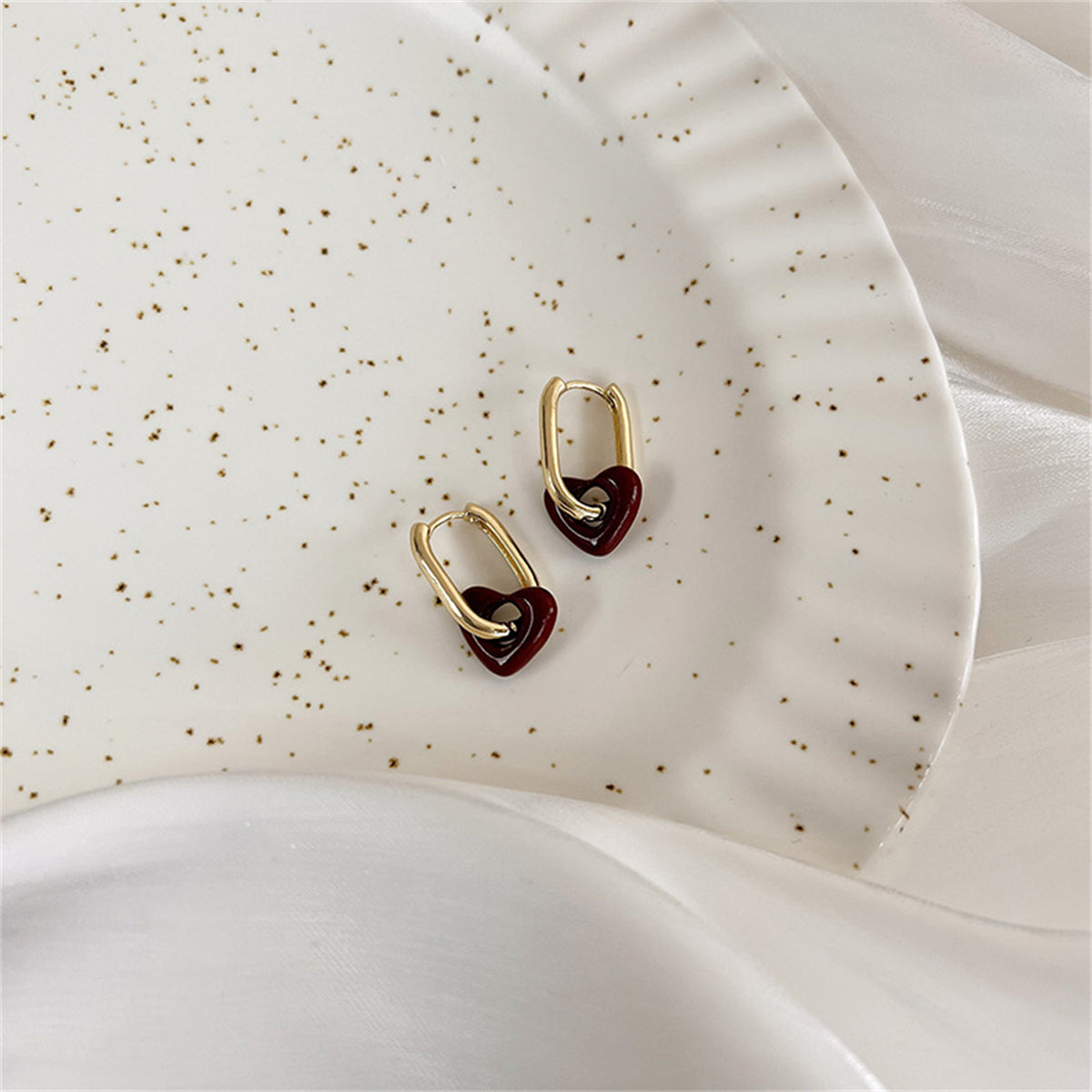 Red Enamel & 18K Gold-Plated Heart Charm Huggie Earrings