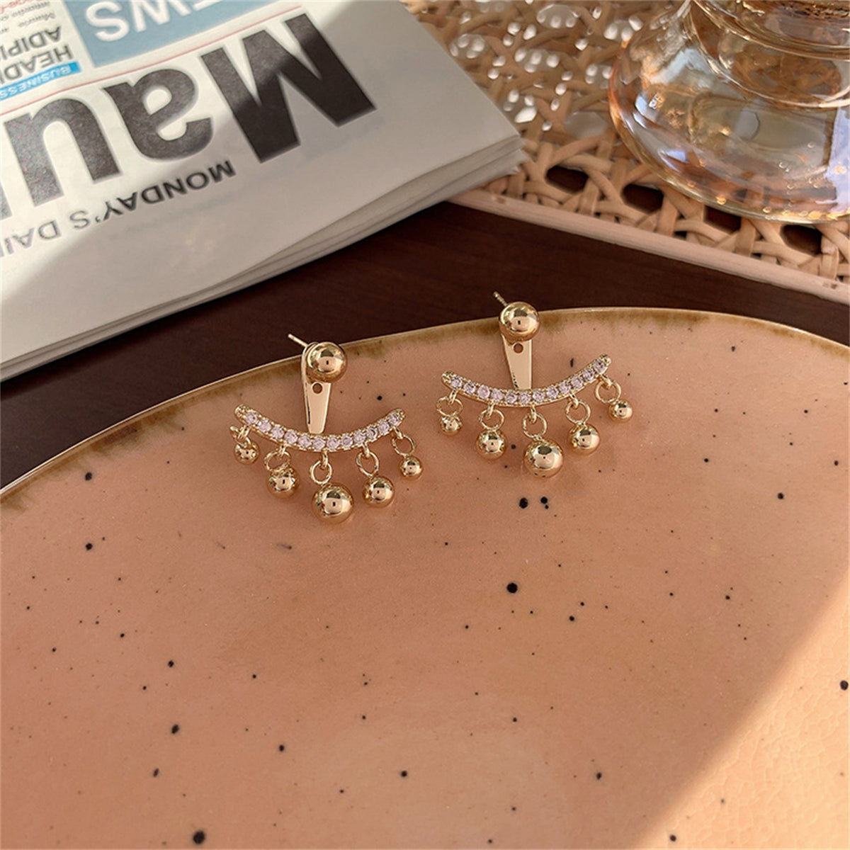 Cubic Zirconia and 18K Gold-Plated Ball Tassel Ear Jackets, gold drop earrings for women, everyday style, front view