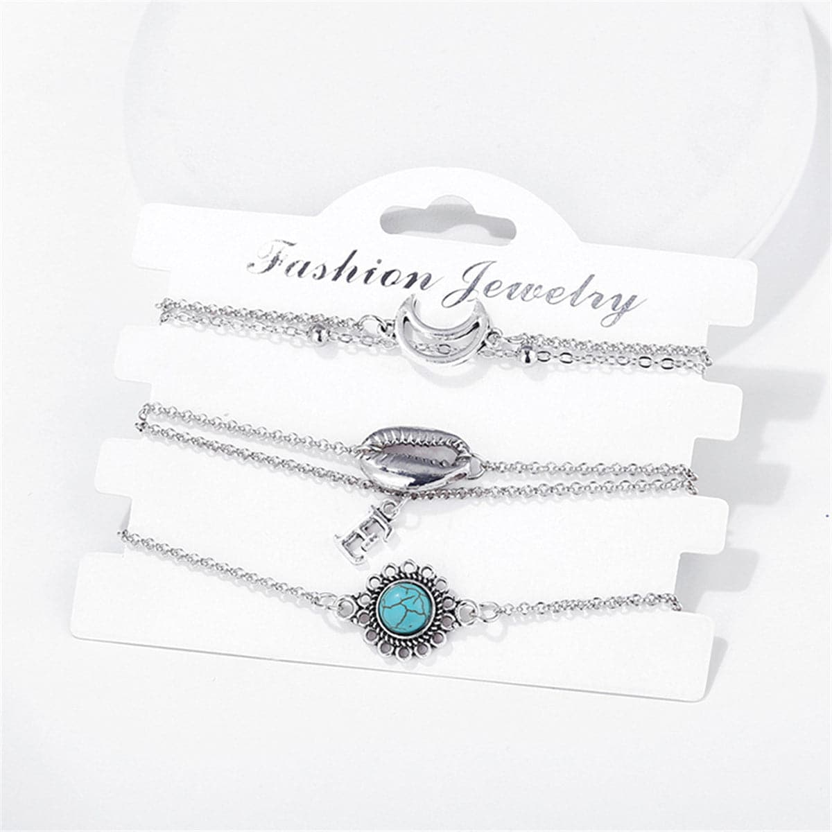 Turquoise and Silver-Plated Shell and Moon Bracelet Set, jewelry gift sets for women, elegant gift for her, detail close-up