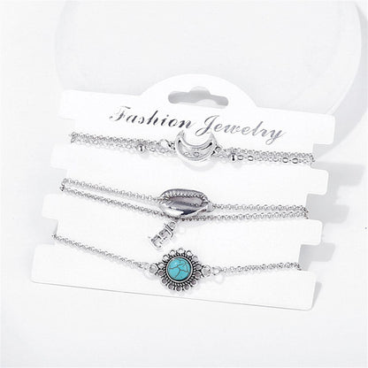 Turquoise and Silver-Plated Shell and Moon Bracelet Set, jewelry gift sets for women, elegant gift for her, detail close-up