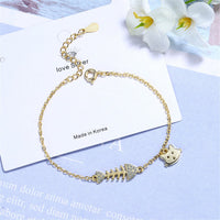 Cubic Zirconia & 18k Gold-Plated Fishbone & Cat Charm Bracelet