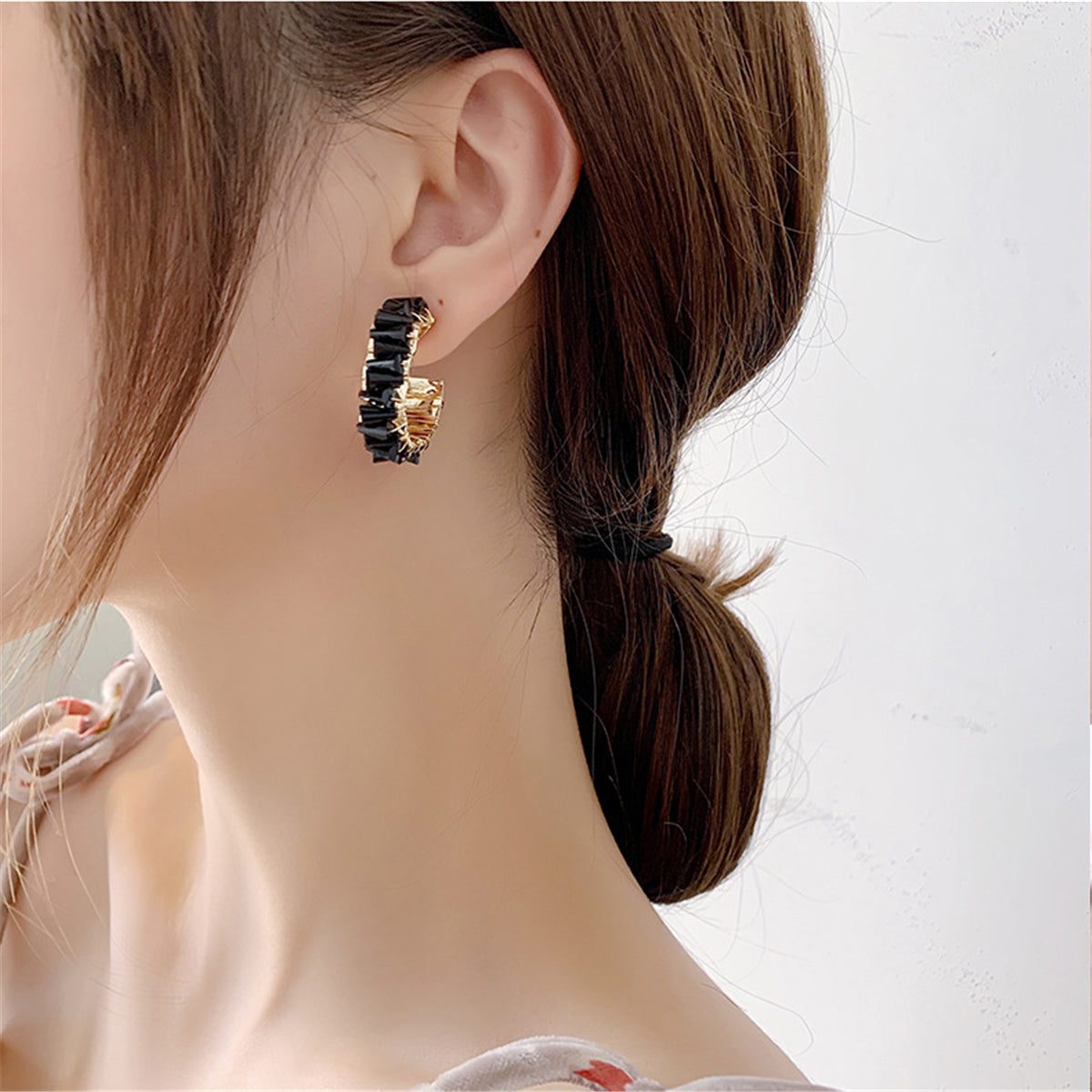 Black Crystal and 18K Gold-Plated C-Shape Stud Earrings, gold stud earrings for women, everyday style, lifestyle look
