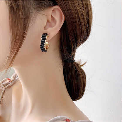 Black Crystal and 18K Gold-Plated C-Shape Stud Earrings, gold stud earrings for women, everyday style, lifestyle look